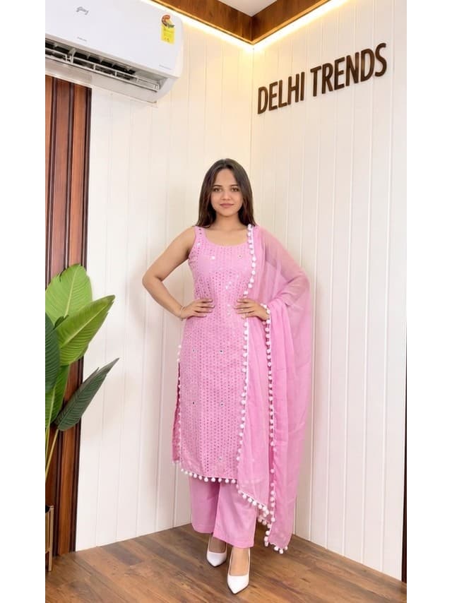 Pearl Hot pink Chiffle Designer Suit (Sleeve Fabric Attached)